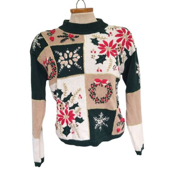 Retro Patchwork Holiday Christmas Sweater Granny Grandma Xmas MEDIUM Festive M - Picture 1 of 6